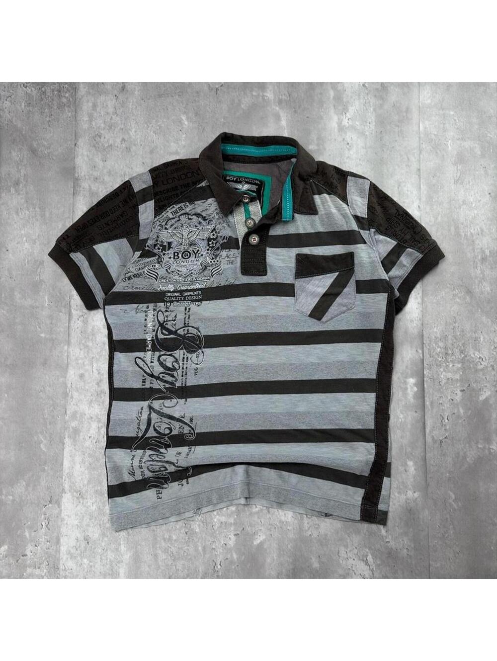 Y2K Grey Boy London Grunge Gothic Striped Polo Shirt